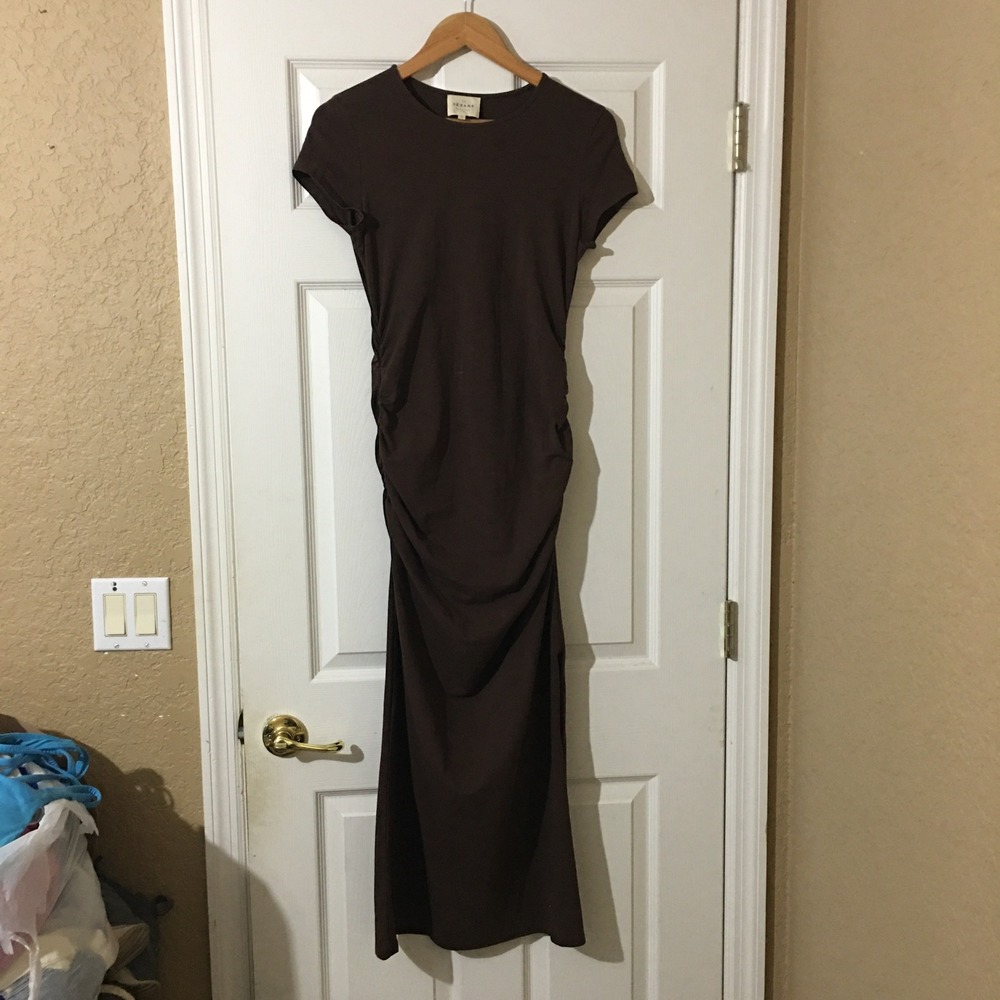 Sézane Maxi Dress Women Medium Brown Ruched Short Sleeve